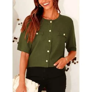 PRETTYGARDEN Women's Summer Button Down Shirts Casual Short Sleeve Crew Neck Ribbed Knit Blouse Top Cardigans