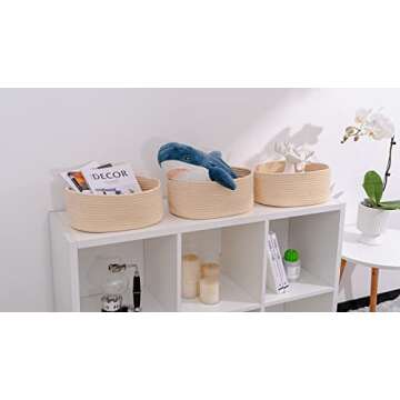 Kriitools Woven Baskets&Bins for Shelf Storage &Organizing/Cute Basket to Store and Organize Household Items/Small Rope Basket for Living Room, Bedroom,Play Room/Oval-13x8.66x5.11’’,3 Packs Begie