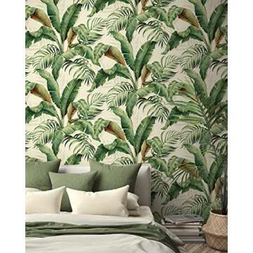 Tommy Bahama - Premium Peel and Stick Wallpaper, Designer Tropical Wallpaper for Bedroom, Dorm Room Essentials, Self Adhesive, Vinyl, 30.75 Sq Ft Coverage (Palmiers Collection, Aloe)