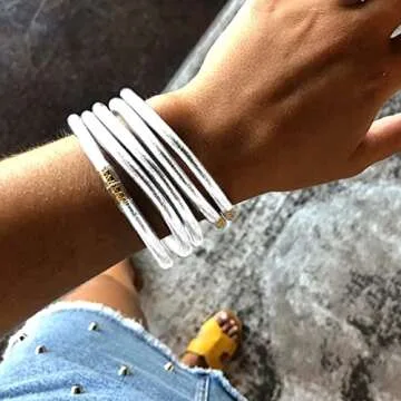 MJartoria Glitter Jelly Bangles Bracelets Set Glitter Filled Jelly Silicone Bracelets for Women (Whi...