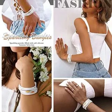 MJartoria Glitter Jelly Bangles Bracelets Set Glitter Filled Jelly Silicone Bracelets for Women (White)