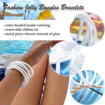MJartoria Glitter Jelly Bangles Bracelets Set Glitter Filled Jelly Silicone Bracelets for Women (White)