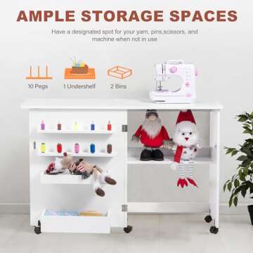 Vividwood Folding Sewing Table, Multipurpose Sewing Machine Table with Compact Design, Wheels, Shelves, Bins, Pegs, Magnetic Locks (White)