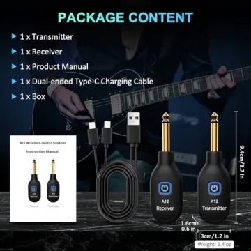 A12 Wireless Guitar Transmitter Receiver - 2.4GHz System, 24-bit 48KHz Audio, 100ft Range, No Latency, Rechargeable, Easy Pairing for Electric Guitar & Bass - Guitar Accessories