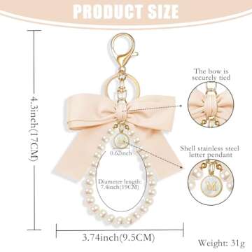 XGALBLA White Initial Letter Cute Bow Keychain for Women, Wristlet Simulated Pearl Key Chains Bag Ch...