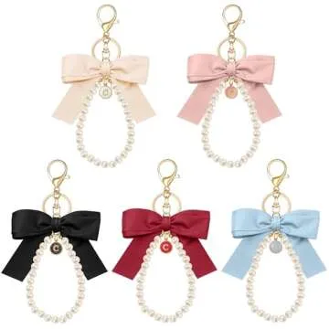 XGALBLA White Initial Letter Cute Bow Keychain for Women, Wristlet Simulated Pearl Key Chains Bag Charms for Car Key Handbags Backpacks Coquette Bow Keychain Accessories(Shell Letter M)