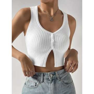 COZYEASE Women's Button Front Ribbed Knit Crop Tank Top Scoop Neck Sleeveless Casual Plain Crop Top White XS