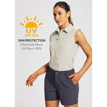 BALEAF Women's Hiking Shirts Sleeveless UV Sun Protection SPF Shirt UPF 50+ Button Down Quick Dry-Khaki-S