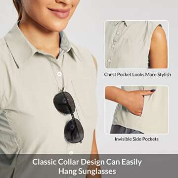 BALEAF Women's Hiking Shirts Sleeveless UV Sun Protection SPF Shirt UPF 50+ Button Down Quick Dry-Khaki-S