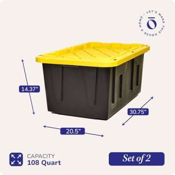 HOMZ 2-Pack Storage Bins, Heavy-Duty Stackable Containers, 27 Gallon, Black/Yellow
