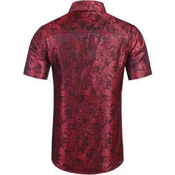 Daupanzees Mens Regular Fit Short Sleeve Shiny Silk Like Satin Dance Prom Luxury Dress Shirt Jacquard Shirt Tops (Red XL)