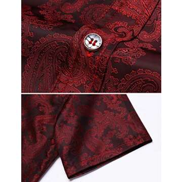 Daupanzees Mens Regular Fit Short Sleeve Shiny Silk Like Satin Dance Prom Luxury Dress Shirt Jacquard Shirt Tops (Red XL)