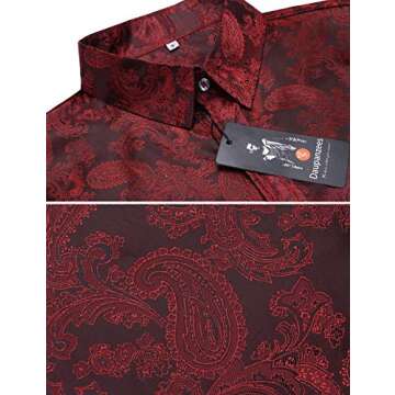 Daupanzees Mens Regular Fit Short Sleeve Shiny Silk Like Satin Dance Prom Luxury Dress Shirt Jacquard Shirt Tops (Red XL)