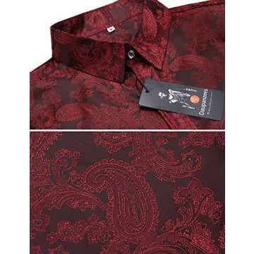 Daupanzees Mens Regular Fit Short Sleeve Shiny Silk Like Satin Dance Prom Luxury Dress Shirt Jacquard Shirt Tops (Red XL)