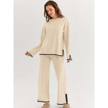 LILLUSORY Women Fall 2 Piece Lounge Set Outfits Sweatsuits Long Sleeve Sweater Tops Wide Leg Pants 2025 Apricot M