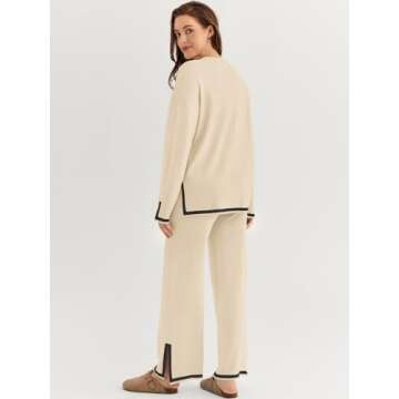 LILLUSORY Women Fall 2 Piece Lounge Set Outfits Sweatsuits Long Sleeve Sweater Tops Wide Leg Pants 2025 Apricot M