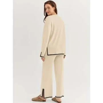 LILLUSORY Women Fall 2 Piece Lounge Set Outfits Sweatsuits Long Sleeve Sweater Tops Wide Leg Pants 2025 Apricot M