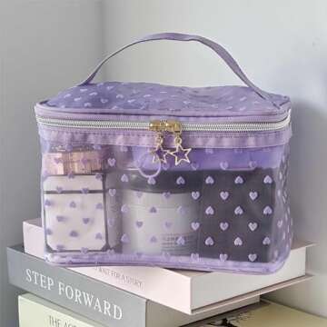 MHDGG Heart Print Mesh Makeup Bags,1Pcs Mesh Cosmetic Bags and 2Pcs Mini Mesh Makeup Bags for Women ...