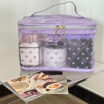 Heart Print Mesh Makeup Bags for Travel and Organization