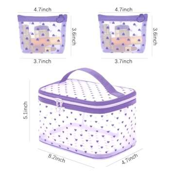 MHDGG Heart Print Mesh Makeup Bags,1Pcs Mesh Cosmetic Bags and 2Pcs Mini Mesh Makeup Bags for Women Mini Zipper Mesh Bags Portable Travel Organizing Purse Makeup Pouches Bags Travel Accessories,Purple