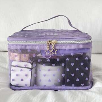 MHDGG Heart Print Mesh Makeup Bags,1Pcs Mesh Cosmetic Bags and 2Pcs Mini Mesh Makeup Bags for Women Mini Zipper Mesh Bags Portable Travel Organizing Purse Makeup Pouches Bags Travel Accessories,Purple