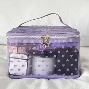 Heart Print Mesh Makeup Bags for Travel and Organization