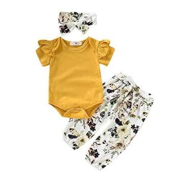 FOCUSNORM 3PCS Infant Toddler Baby Girl Clothes Ruffle Romper Bodysuit Floral Halen Pants Headband Outfits (Short Sleeve Yellow, 0-6 Months)