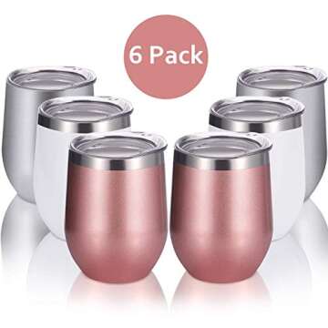Skylety 6 Pack 12 Oz Unbreakable Drink-Ware Stemless Wine Tumbler, Stainless Steel Triple-Insulated Vacuum Wine Glass Cup with Lids for Wine, Coffee, Champagne, Cocktails and Beer (Multi-Color A)