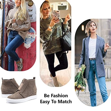 GOUPSKY Womens Platform Wedge Sneakers Casual Ankle Boots Wedge Tennis Shoes Wedge Booties Taupe Size 6