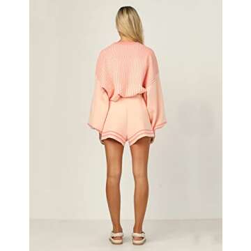 Arssm 2 Piece Sets for Women Casual Knitted Striped Crewneck Pullover Long Sleeve Sweater Shorts Lounge Outfits (Pink-S)