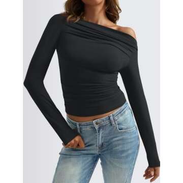 Trendy Queen Womens Off The Shoulder Ruched Crop Tops Long Sleeve Shirts Going Out Y2k Fall Winter Clothes, Black, M