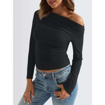 Trendy Queen Womens Off The Shoulder Ruched Crop Tops Long Sleeve Shirts Going Out Y2k Fall Winter Clothes, Black, M
