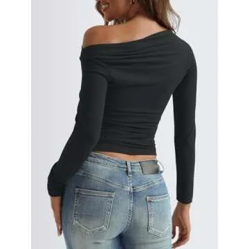 Trendy Queen Womens Off The Shoulder Ruched Crop Tops Long Sleeve Shirts Going Out Y2k Fall Winter Clothes, Black, M