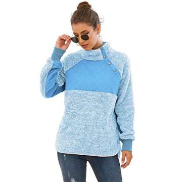 VIISHOW Women's Warm Long Sleeves Oblique Button Neck Splice Geometric Pattern Fleece Pullover Coat Sweatshirts Outwear with Pocket Light blue Large