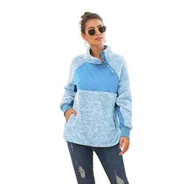 VIISHOW Women's Warm Long Sleeves Oblique Button Neck Splice Geometric Pattern Fleece Pullover Coat Sweatshirts Outwear with Pocket Light blue Large
