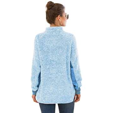 VIISHOW Women's Warm Long Sleeves Oblique Button Neck Splice Geometric Pattern Fleece Pullover Coat Sweatshirts Outwear with Pocket Light blue Large