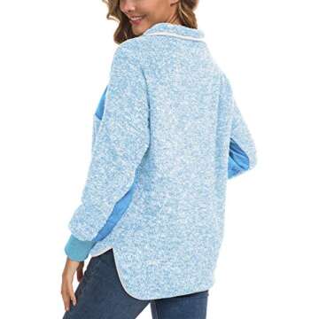 VIISHOW Women's Warm Long Sleeves Oblique Button Neck Splice Geometric Pattern Fleece Pullover Coat Sweatshirts Outwear with Pocket Light blue Large