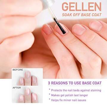 Gellen Gel Top Coat and Base Coat, 2Pcs No Wipe Gel Nail Polish Base and Top Coat, Soak Off Nail Lamp Clear Base Top Coat Long Lasting Finish Nail Art Design Home Gel Manicure Kit