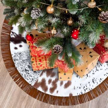 Shappy Christmas Tree Skirt 48 Inch Cows Print Tree Skirts Decorations Western Christmas Tree Skirt with Tassel Cowboy Christmas Tree Decorations Mats for Xmas Party Holiday Ornament Home