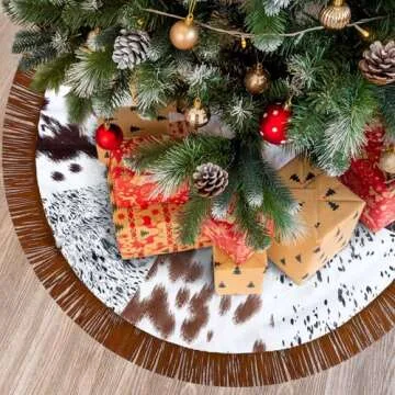 Shappy Christmas Tree Skirt 48 Inch Cows Print Tree Skirts Decorations Western Christmas Tree Skirt with Tassel Cowboy Christmas Tree Decorations Mats for Xmas Party Holiday Ornament Home