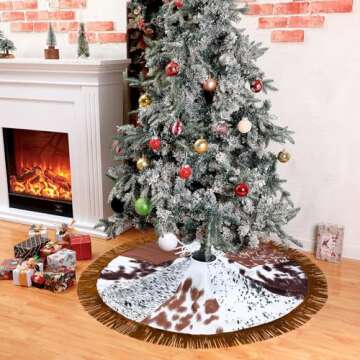 Shappy Christmas Tree Skirt 48 Inch Cows Print Tree Skirts Decorations Western Christmas Tree Skirt with Tassel Cowboy Christmas Tree Decorations Mats for Xmas Party Holiday Ornament Home