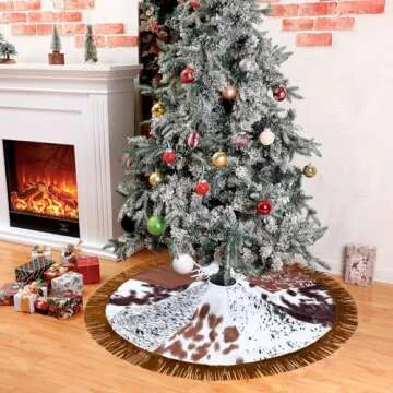 Shappy Christmas Tree Skirt 48 Inch Cows Print Tree Skirts Decorations Western Christmas Tree Skirt with Tassel Cowboy Christmas Tree Decorations Mats for Xmas Party Holiday Ornament Home