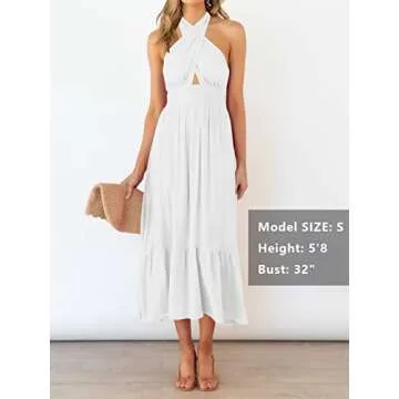 ZESICA Women's Summer Criss Cross Halter Neck Cut Out Solid Color Sleeveless Flowy A Line Midi Dress,White,Large