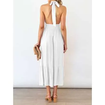 ZESICA Women's Summer Criss Cross Halter Neck Cut Out Solid Color Sleeveless Flowy A Line Midi Dress,White,Large