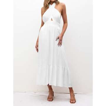 ZESICA Women's Summer Criss Cross Halter Neck Cut Out Solid Color Sleeveless Flowy A Line Midi Dress,White,Large