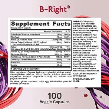 Jarrow Formulas B-Right, Optimized B Complex Featuring Vitamin B1, B2, B5, B6, B12 and B9 to Support Cellular Energy, Immune Health and Stress Management, 100 Veggie Capsules, Up to a 100 Day Supply