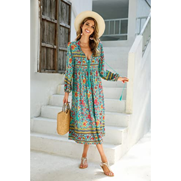 R.Vivimos Women's Long Sleeve Floral Print Retro V Neck Tassel Bohemian Midi Dresses (XL, Green)