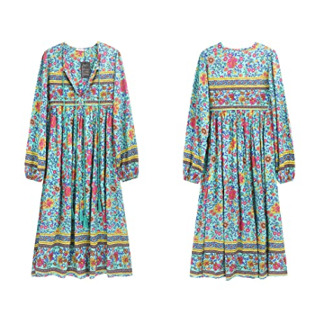 R.Vivimos Women's Long Sleeve Floral Print Retro V Neck Tassel Bohemian Midi Dresses (XL, Green)