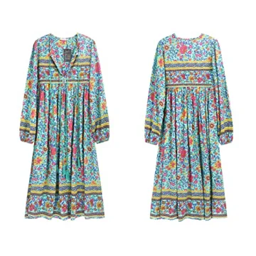 R.Vivimos Women's Long Sleeve Floral Print Retro V Neck Tassel Bohemian Midi Dresses (XL, Green)