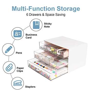 Comix Desk Organizer with 6 Drawers, Rectangular Desktop Drawers, Plastic Makeup Storage, Desk Organizer and Accessories, Detachable Design, Suitable for Office, School, Home (White)